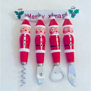 Vtg Handcrafted Painted Santa 5 Pc Utility Bar Set Christmas Barware Novelty